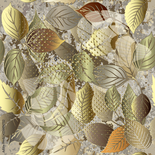 Leafy modern grunge 3d vector seamless pattern. Ornamental floral grungy dirty background. Repeat abstract rough spotted backdrop. Old paper texture. Textured surface gold ornate leaves with halftone.