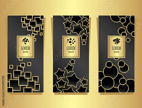 Set Templates for package from Luxury background made by geometric forms gold on black for cosmetic or perfume or for package of tea or for alcohol label or for brand book
