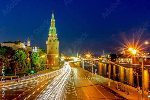 View of Kremlin and Moscow River at night in Moscow, Russia.