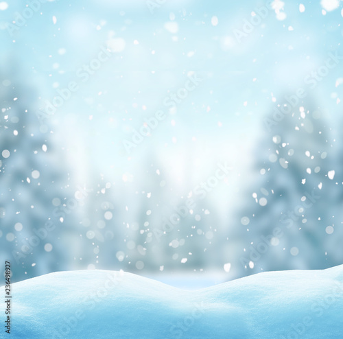Christmas background with fir tree .Merry Christmas and happy New Year greeting card with copy-space.Winter landscape with snow