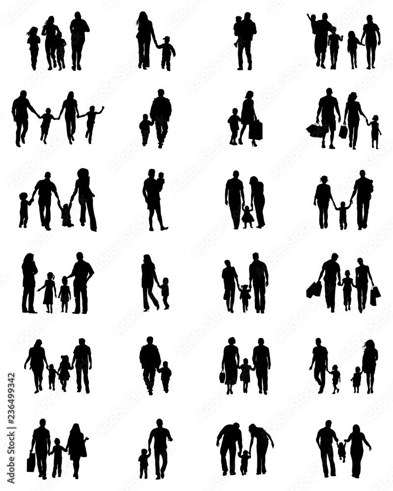 Black silhouettes of families in walk on a white background Black silhouettes of families in walk on a white background