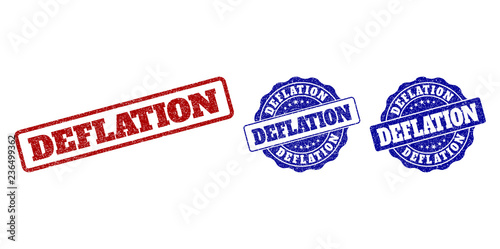 DEFLATION grunge stamp seals in red and blue colors. Vector DEFLATION signs with draft effect. Graphic elements are rounded rectangles, rosettes, circles and text titles.
