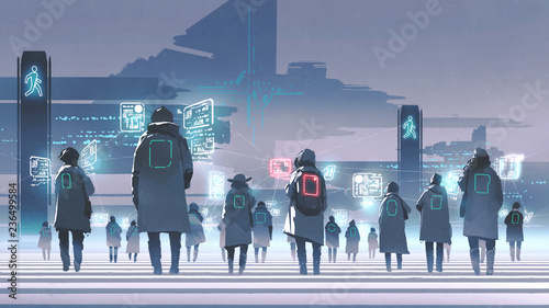 futurystyczna koncepcja pokazująca tłum ludzi chodzących na ulicy miasta, styl sztuki cyfrowej, malarstwo ilustracyjne