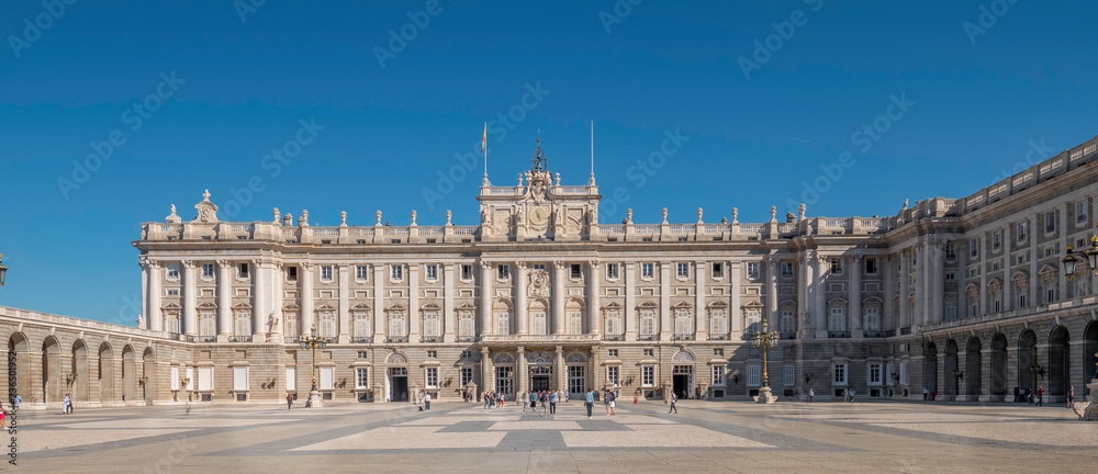 Panorama of the facade of the Royal Palace (Palacio Real) one of the most important landmarks of Madrid, Spain