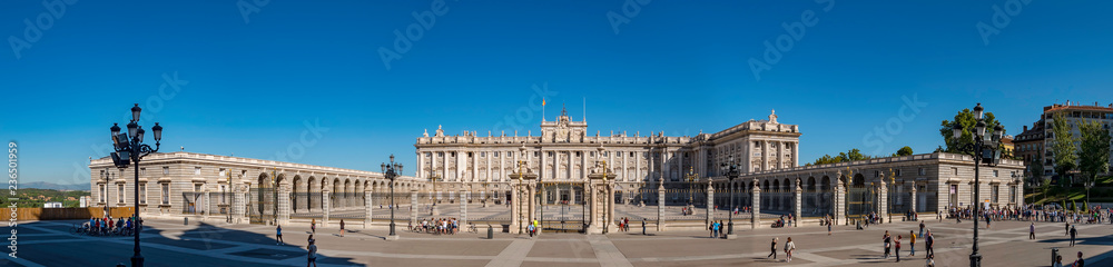Panorama of the facade of the Royal Palace (Palacio Real) one of the most important monuments of Madrid, Spain