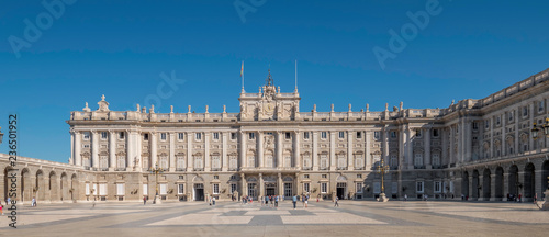 Panorama of the facade of the Royal Palace (Palacio Real) one of the most important landmarks of Madrid, Spain