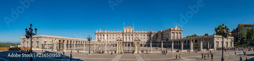 Panorama of the facade of the Royal Palace (Palacio Real) one of the most important monuments of Madrid, Spain