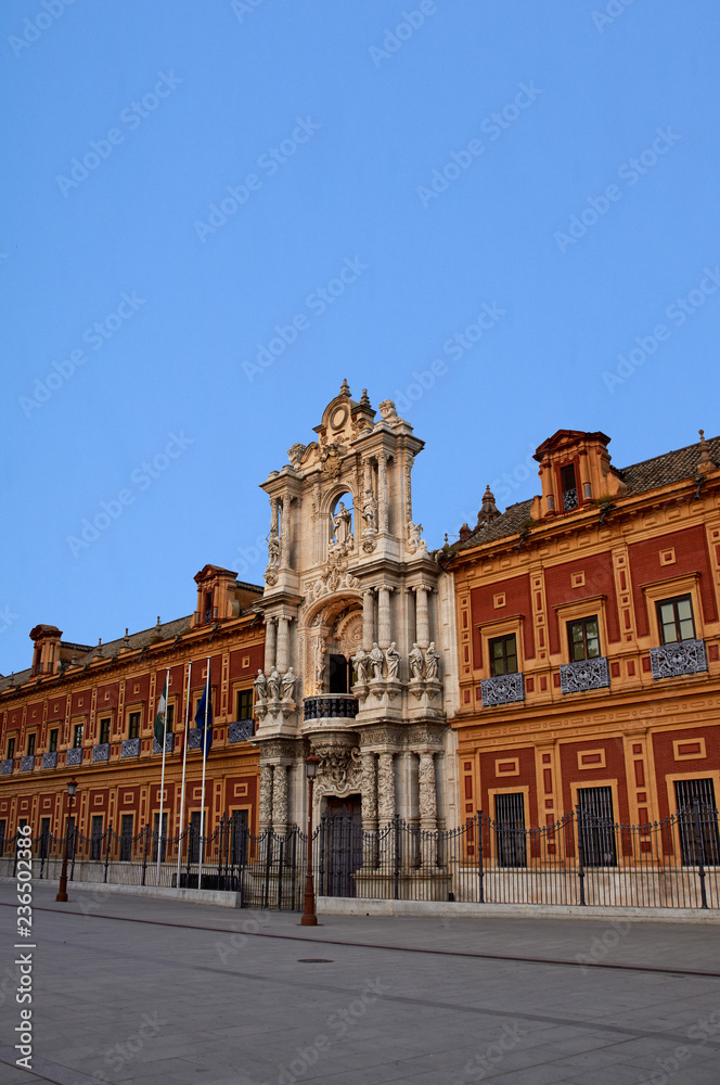 Historic buildings and monuments of Seville, Spain. Architectural details, stone facade.
