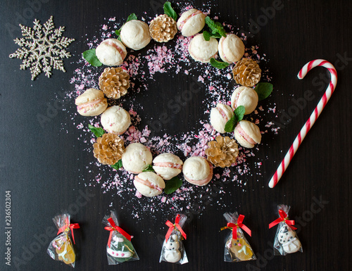 Wreath of French Macarons and Gold Pine Cones