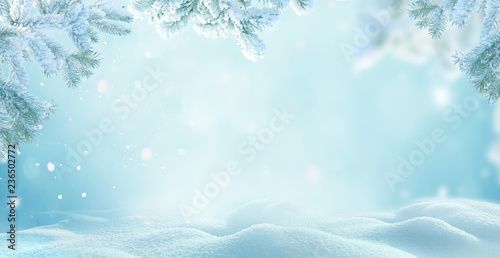 .Winter Christmas background with fir tree branch .Merry christmas and happy new year greeting card with copy-space.Christmas background.Winter landscape with snow and fir trees branch
