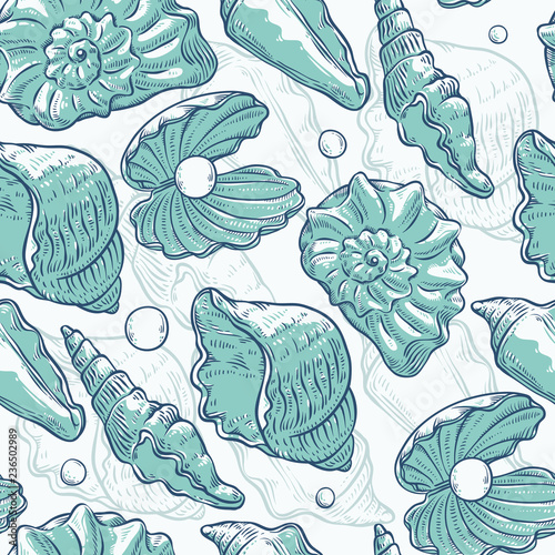 Vector seamless pattern sea shells and pearls different shapes. Clamshells monochrome turquoise outline sketch illustration isolated on white background for design on marine theme.
