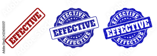 EFFECTIVE grunge stamp seals in red and blue colors. Vector EFFECTIVE labels with grunge texture. Graphic elements are rounded rectangles, rosettes, circles and text tags.