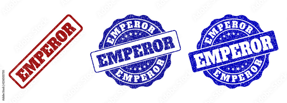 EMPEROR scratched stamp seals in red and blue colors. Vector EMPEROR watermarks with dirty style. Graphic elements are rounded rectangles, rosettes, circles and text tags.