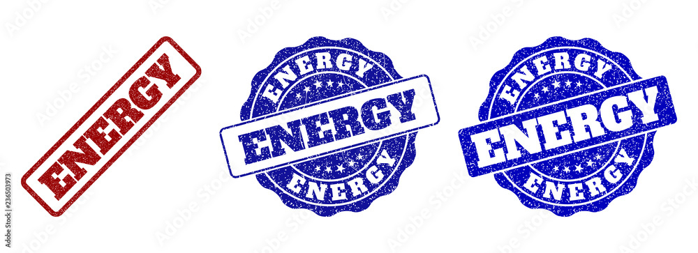 ENERGY grunge stamp seals in red and blue colors. Vector ENERGY signs with grunge texture. Graphic elements are rounded rectangles, rosettes, circles and text labels.