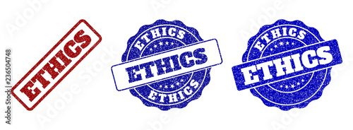 ETHICS grunge stamp seals in red and blue colors. Vector ETHICS signs with grunge texture. Graphic elements are rounded rectangles, rosettes, circles and text captions.