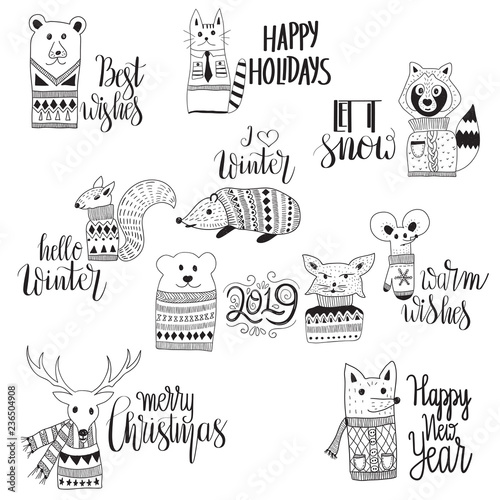 Vector Funny Animals wit  Christmas Winter Holiday Greetings