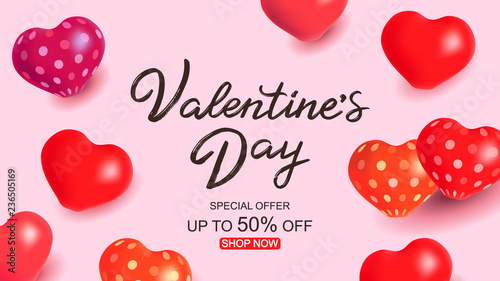 Fototapeta Naklejka Na Ścianę i Meble -  Valentine s Day sale template with hand lettering text and heart air balloons. Vector illustration. Valentine s Day poster special offer design. Template for a poster, flyer, banner, background.