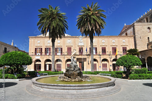 Fountain in Guglielmo Square in Monreale in front of Monreale Cathedral (Duomo di Monreale) near Palermo Sicily Italy Europe.