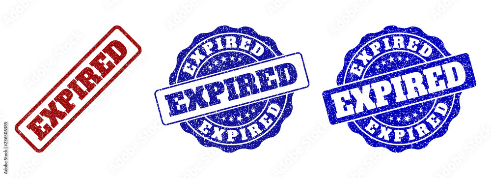 EXPIRED grunge stamp seals in red and blue colors. Vector EXPIRED overlays with grunge style. Graphic elements are rounded rectangles, rosettes, circles and text labels. EXPIRED grunge stamp seals in red and blue colors. Vector EXPIRED overlays with grunge style. Graphic elements are rounded rectangles, rosettes, circles and text labels.