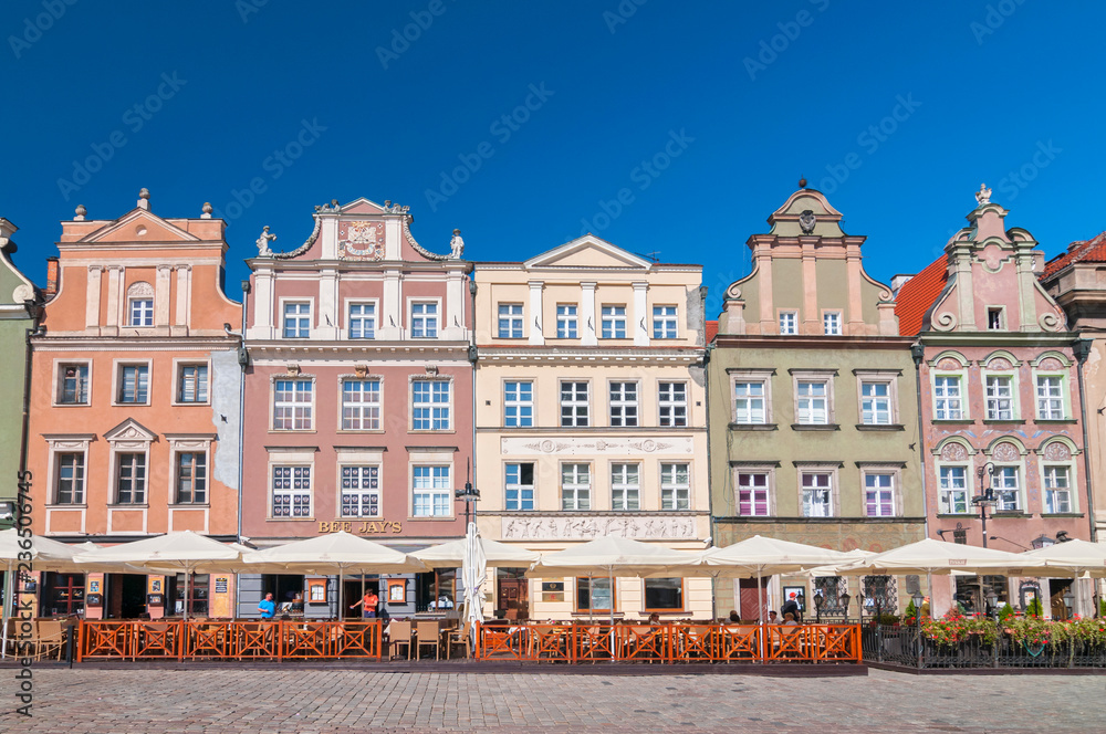 Houses, hotels,restaurants and cafes in old town square, Stary Rynek, in the Polish city of Poznan, Poland.