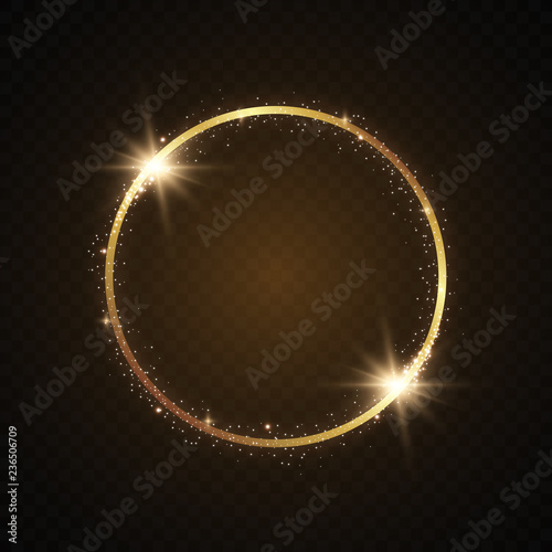 Abstract magical glowing golden banner.Magic circle. Merry Christmas. Round gold shiny frame with light bursts. Gold dust on celebratory banner
