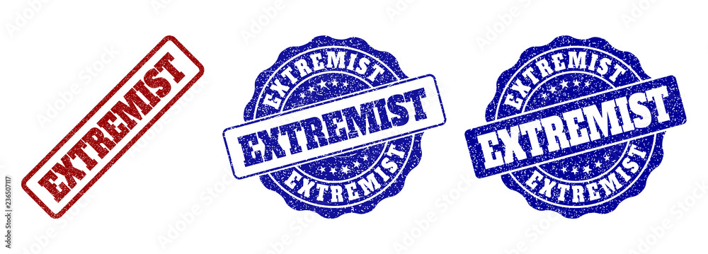 EXTREMIST grunge stamp seals in red and blue colors. Vector EXTREMIST labels with distress style. Graphic elements are rounded rectangles, rosettes, circles and text labels.