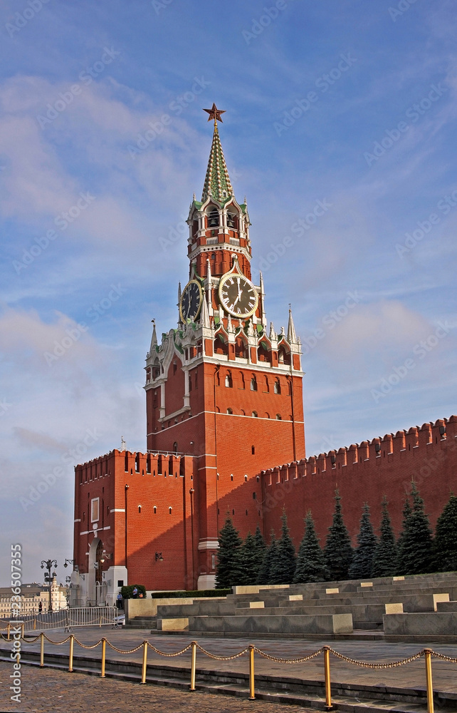 Spasskaya Tower with Kremlin clock in Moscow, Russia