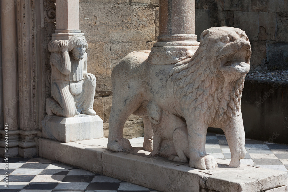 One of the lions supporting the column,Upper town of Bergamo, Italy