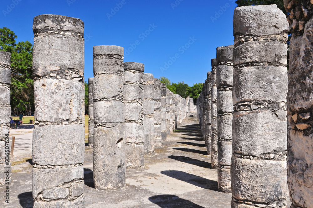 The columns in the Thousand Warriors Temple complex inside the maya archeological site of Chichen Itza, Mexico.