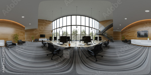 Spherical 360 panorama projection Interior open space office 3D illustration