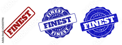 FINEST grunge stamp seals in red and blue colors. Vector FINEST labels with grainy effect. Graphic elements are rounded rectangles, rosettes, circles and text labels.