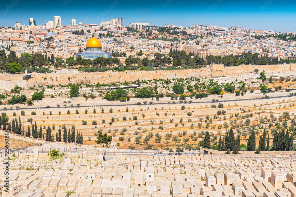 View to Jerusalem old city temple mount and the ancient Jewish cemetery in Olive mountain