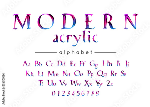 Modern acrylic handwritten alphabet. Stylish lettering font uppercase, lowercase, numbers and symbols. Vector calligraphy for wedding greeting card and invitation.
