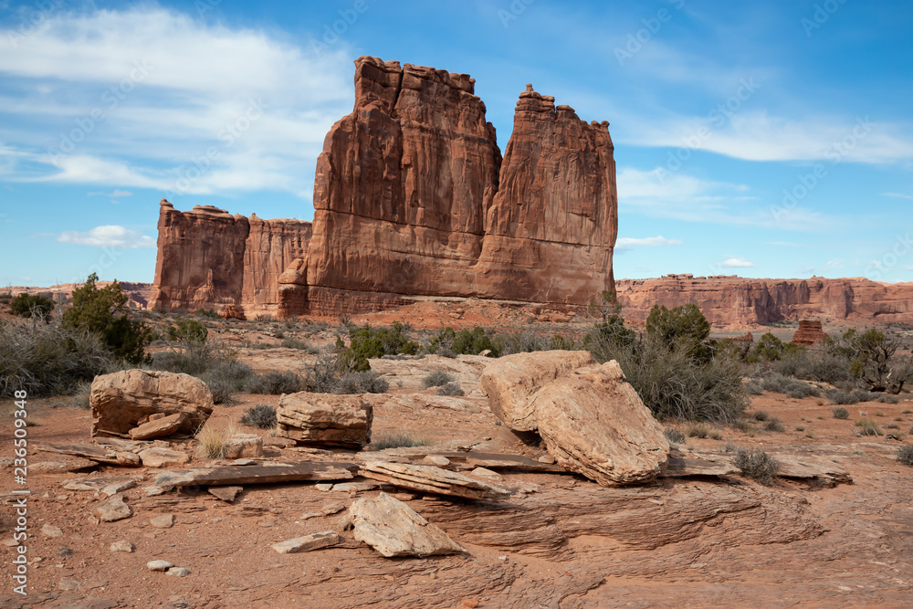 Landscape view of beautiful red rock canyon formations during a vibrant sunny day. Taken in Arches National Park, located near Moab, Utah, United States.