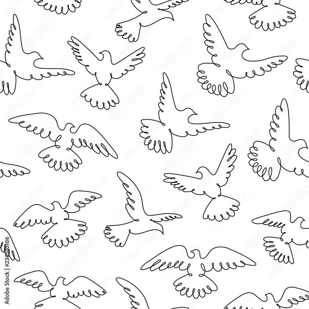 Pigeons fly. Line drawing. A flock of flying birds. Seamless pattern. Pigeons fly. Line drawing. A flock of flying birds. Seamless pattern.