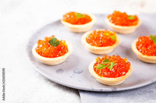 Holidays composition. Red Salmon Caviar in tartlet on a plate. Festive Appetizer on gray background.Copy space for Text. 