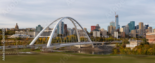 Panoramic view of the beautiful modern city during a sunny day. Taken in Edmonton, Alberta, Canada. photo