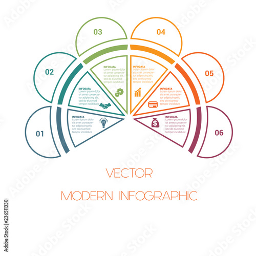 Template of colorful semicircle from lines for infographics  with text areas on  6 positions photo