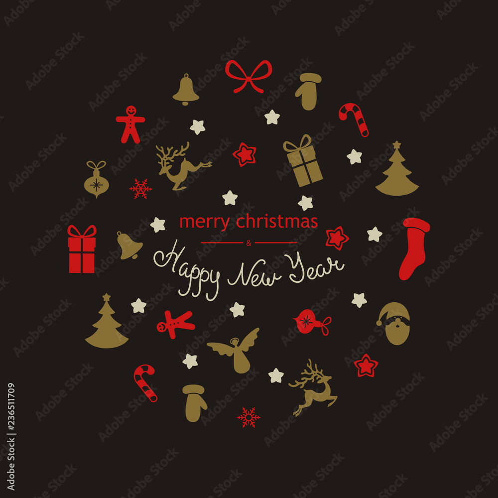 Merry Christmas and Happy New Year card with holiday pattern.