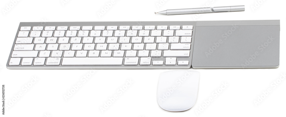 Computer keyboard trackpad and stylus  Isolated on white background