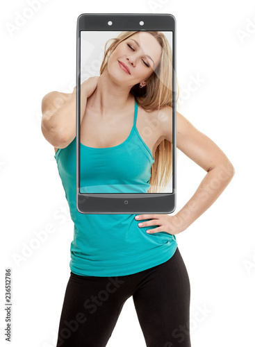 fitness woman. Young sporty Caucasian female model isolated on white background. conceptual collage with device