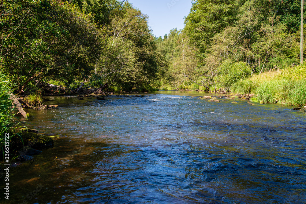 summer day on water in calm river enclosed in forests with sandstone cliffs and dry wood summer day on water in calm river enclosed in forests with sandstone cliffs and dry wood