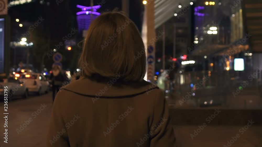 Elegant woman walking back view, enjoying evening promenade in illuminated city Elegant woman walking back view, enjoying evening promenade in illuminated city
