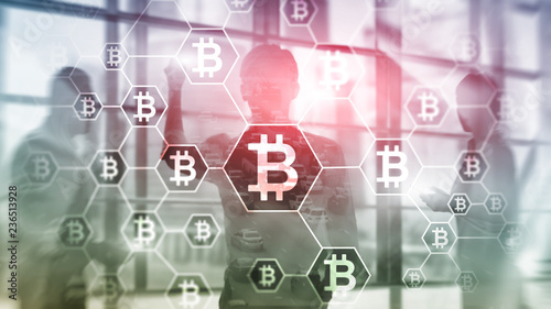 Bitcoin, Blockchain concept on server room background.