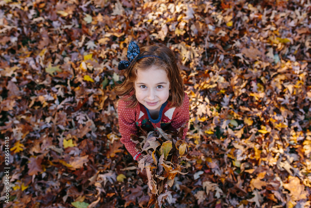 Cute young girl having fun playing with fallen leafs Cute young girl having fun playing with fallen leafs