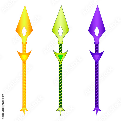 Collection of Spears isolated on white background. Association with the Sun, Earth, Moon. Fantasy Magic Weapon. Vector illustration for Your Design, Game, Card.
