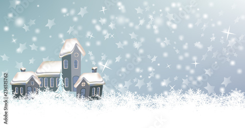 Schnee mit Weihnachtsbaum und verschneiter Kirchgemeinde
