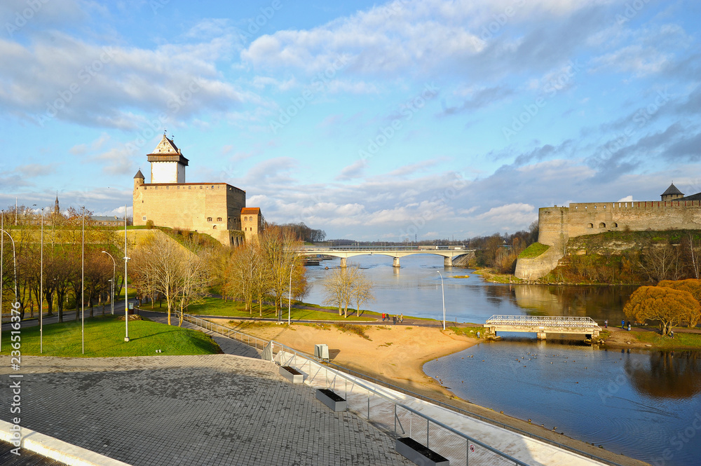view of the fortress across the Narva river in Ivangorod and Narva