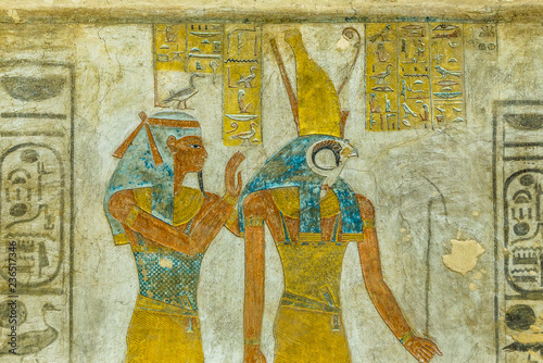 Ancient Mural of the egyptian goddess Maat and the god Horus