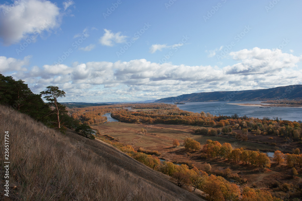 View on the Volga river and Zhiguli hills. The Autumn.